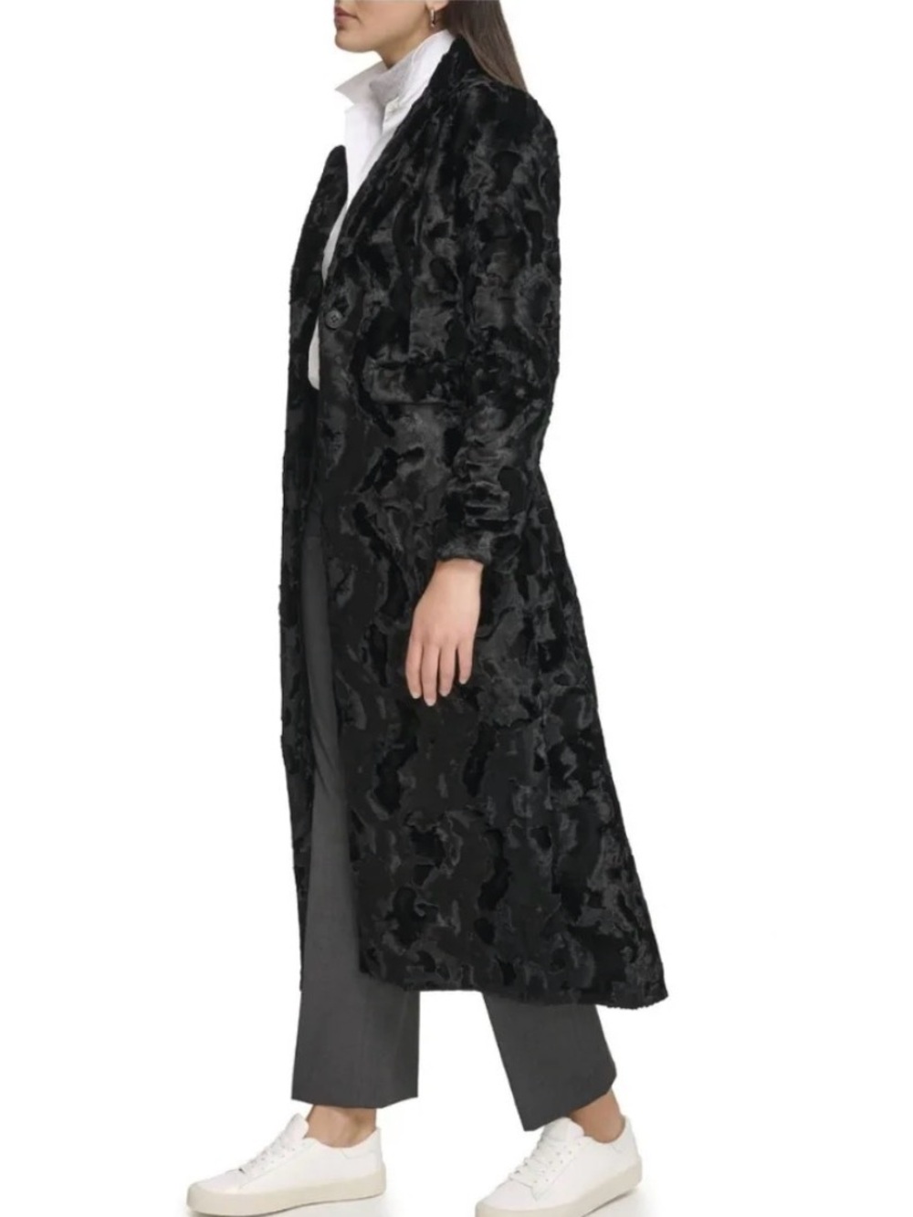Calvin Klein Velvet Long Walker Coat - Picture 2 of 16